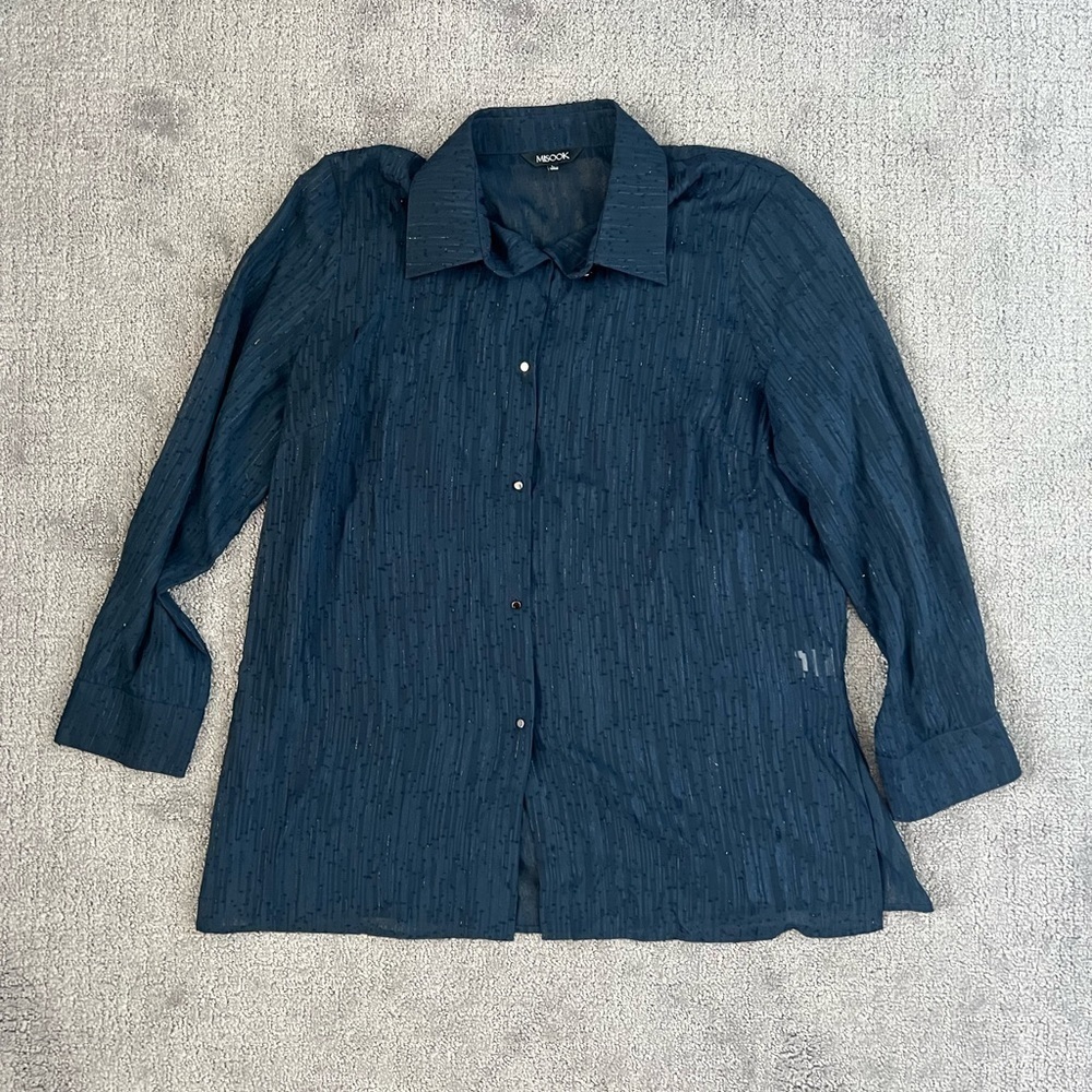 Misook Sheer Metallic Threaded Button Up Blouse